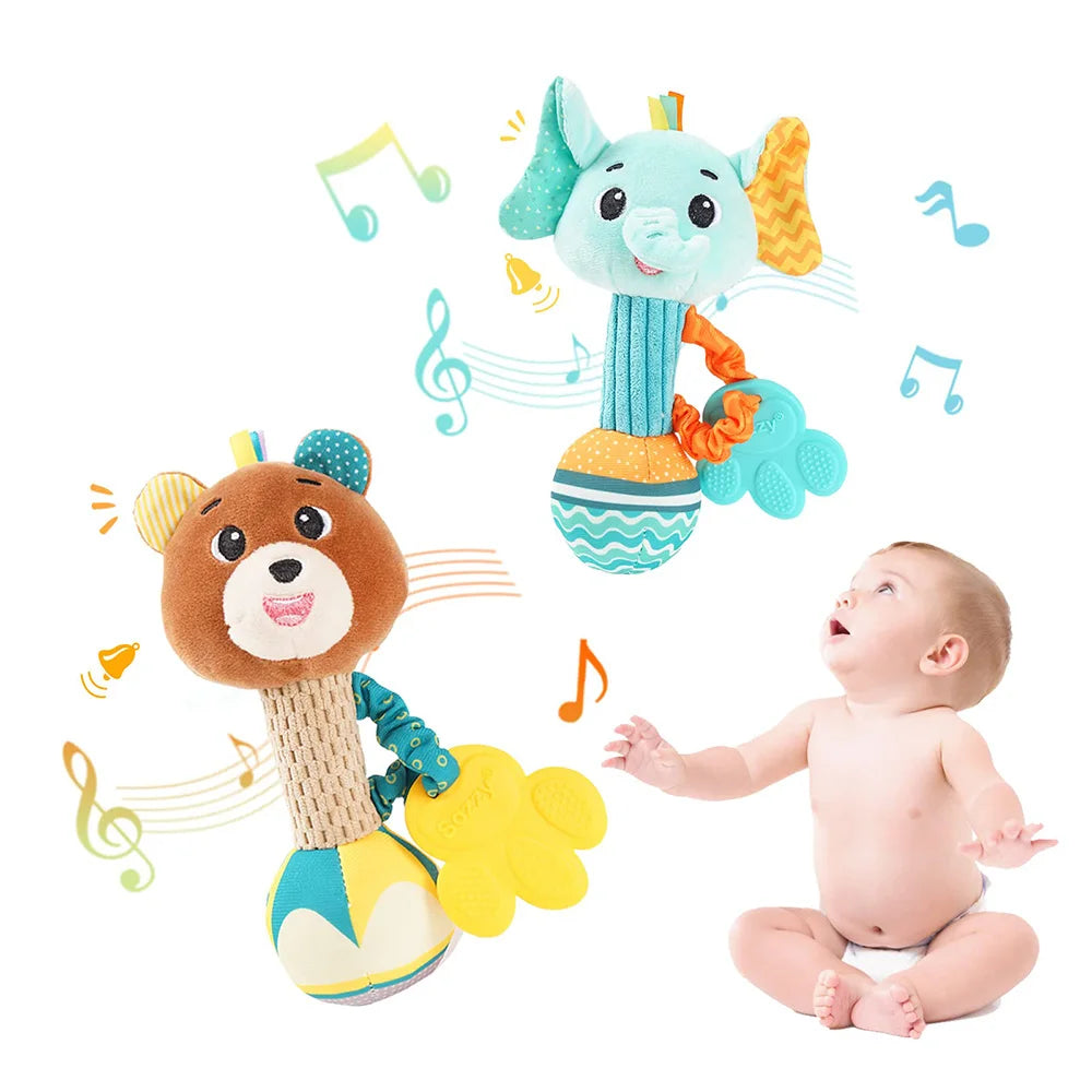 A soft plush baby rattle toy set featuring an elephant and a bear, with musical notes floating around them.