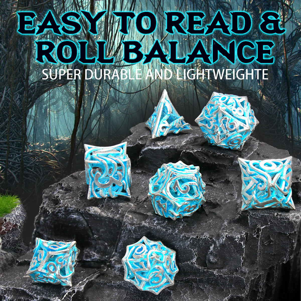 A set of blue glow-in-the-dark polyhedral dice resting on a dark rock surface.