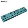 A teal portable guitar multi-effects processor with various knobs and switches is shown.