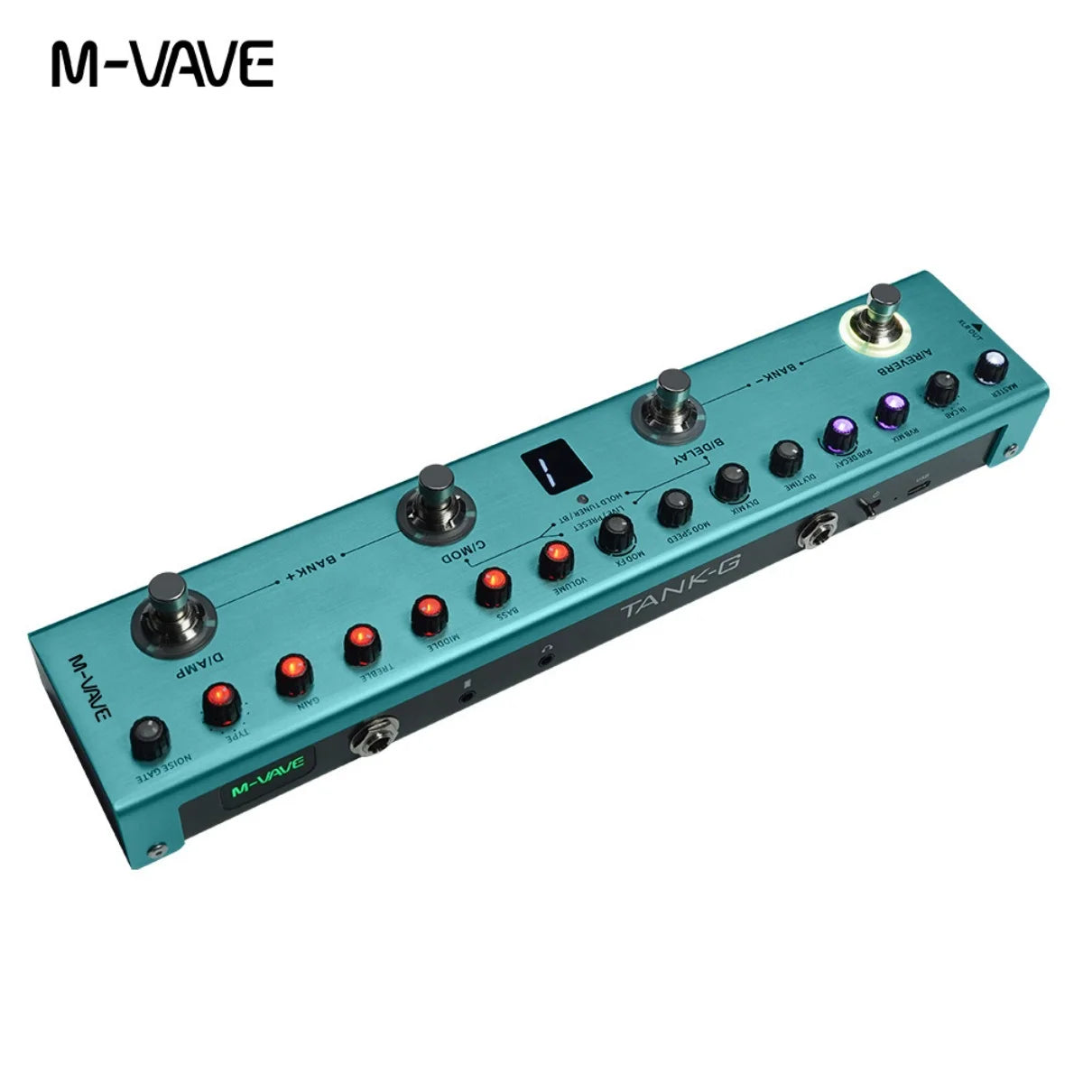 A teal portable guitar multi-effects processor with various knobs and switches is shown.