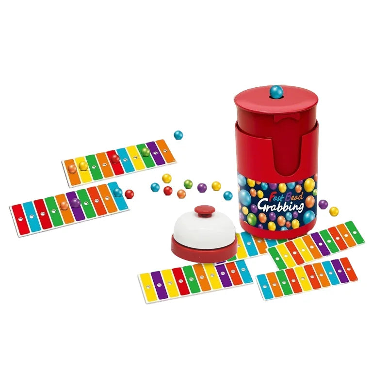 A red and multi-colored bead grabbing game set with a bell for two players.