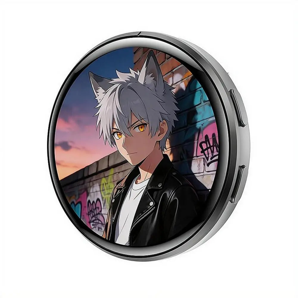Badge numérique d'anime avec des cheveux argentés et des yeux orange contre un coucher de soleil.