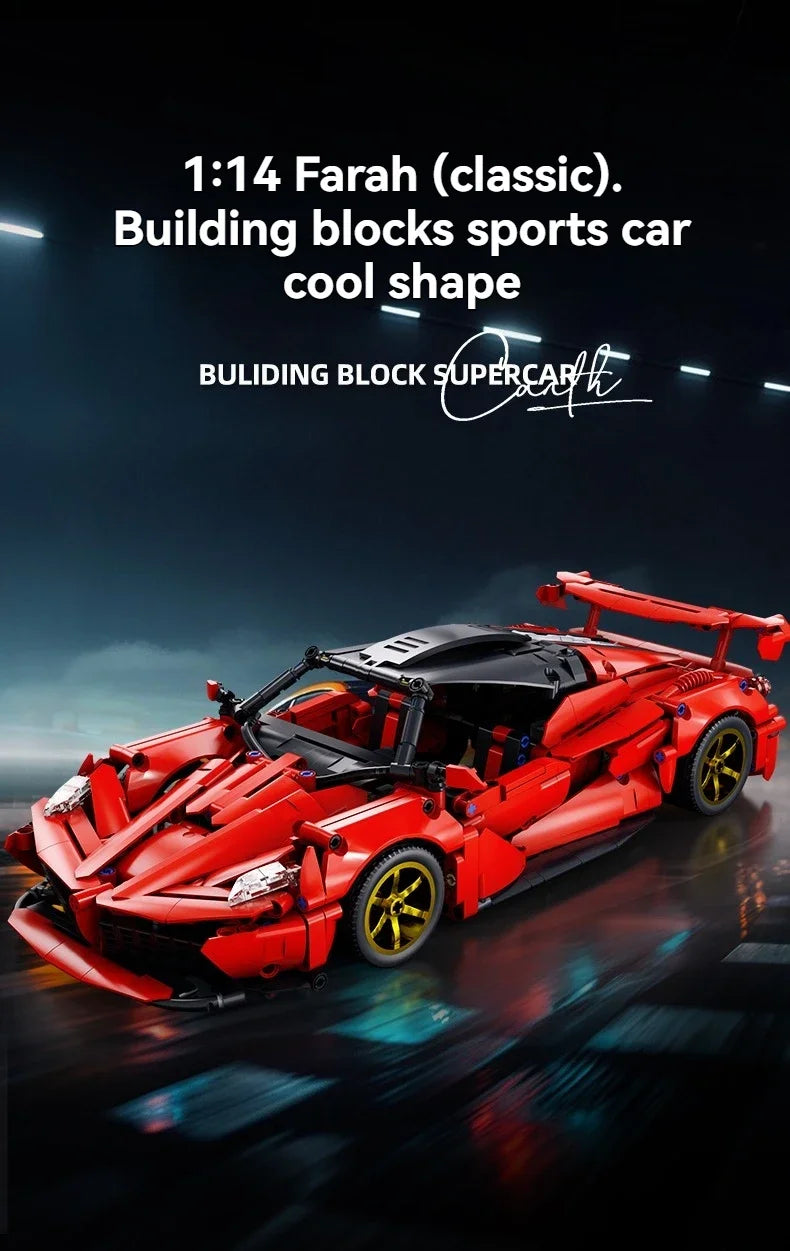 A red 1:14 Farah sports car model built from building blocks on a dark surface.