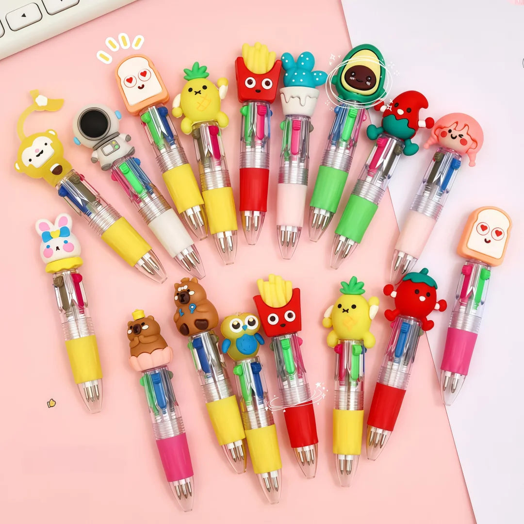 A collection of cute cartoon four-color ballpoint pens in various bright colors and designs.