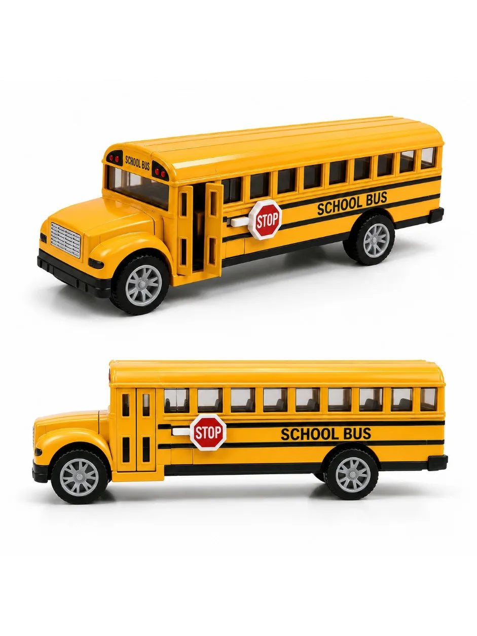 A yellow 1:36 die-cast school bus with pull-back action and a red stop sign.