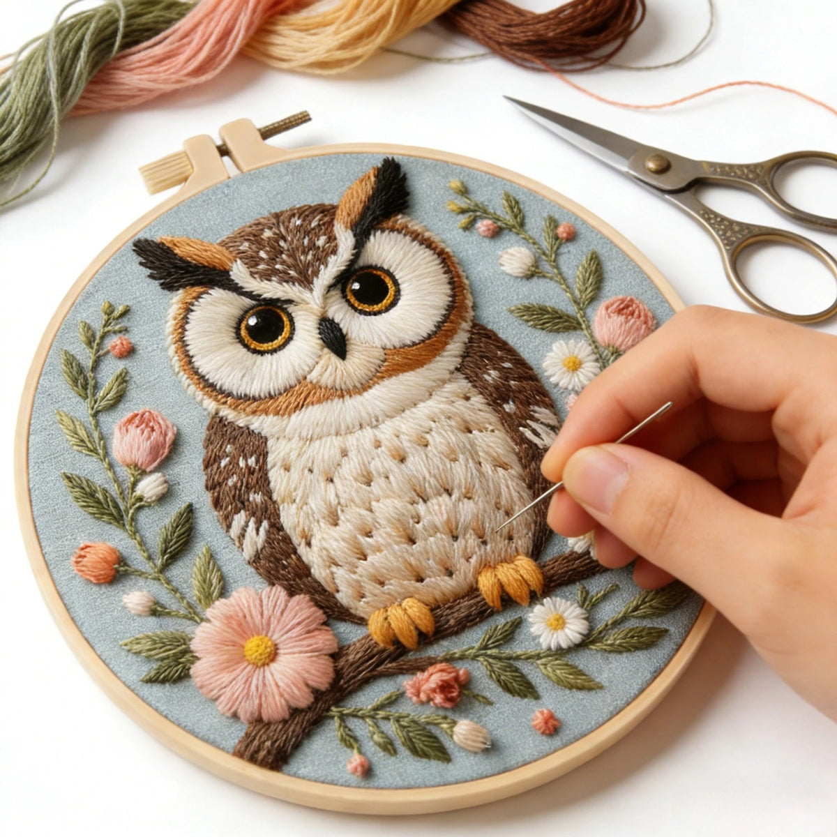 A hand is holding a needle and thread, working on an owl embroidery pattern on a fabric background.