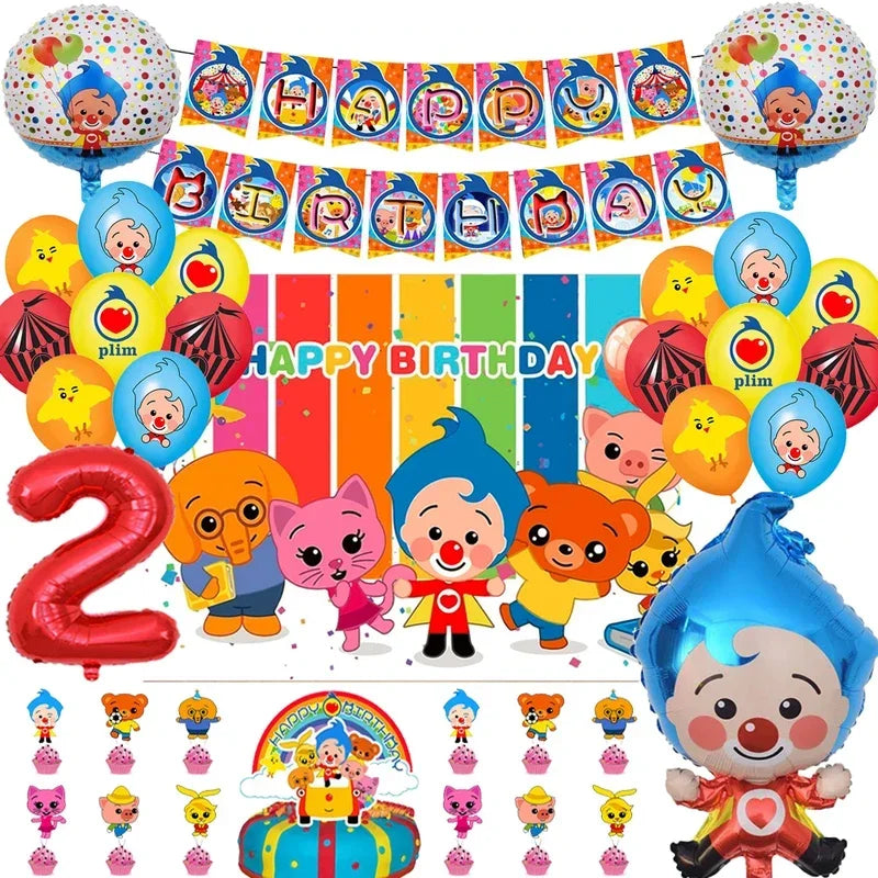 A collection of colorful balloons, banners, and decorations for a circus clown themed kids' birthday party.