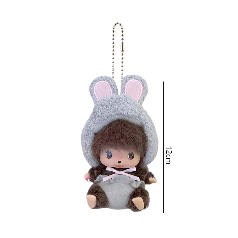 A gray bunny plush cartoon charm with pink ears and a brown face, hanging from a metal chain.
