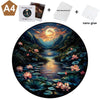 A wooden jigsaw puzzle depicting a landscape with lotus flowers and mountains, along with a wall mounting kit and nano glue.