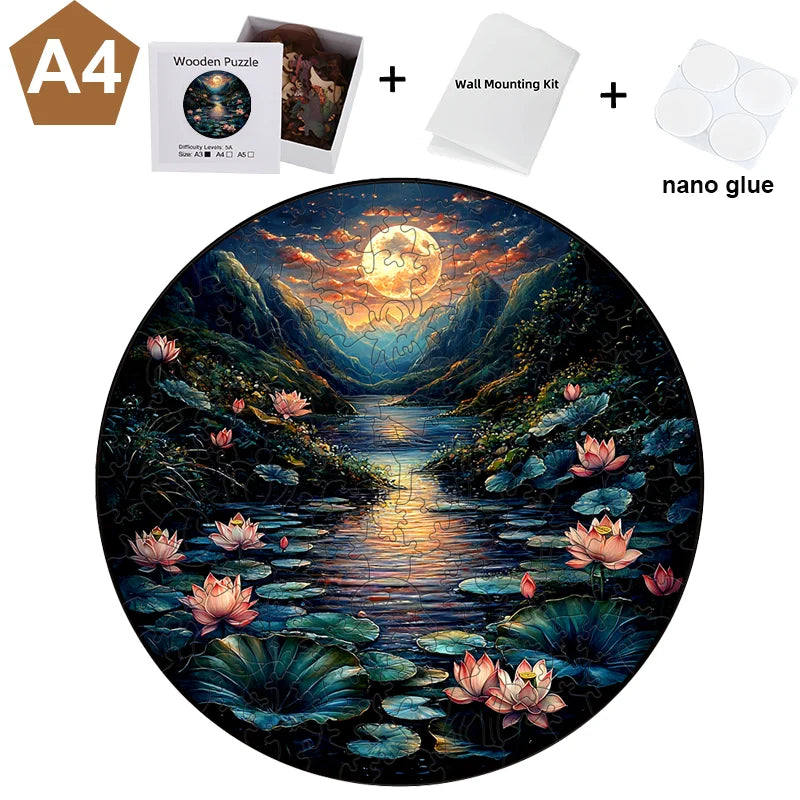 A wooden jigsaw puzzle depicting a landscape with lotus flowers and mountains, along with a wall mounting kit and nano glue.