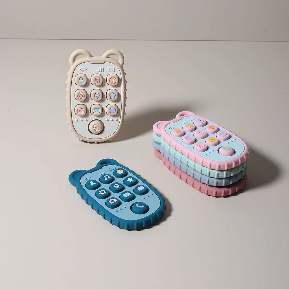 A set of phone-shaped silicone teethers in various pastel colors and shapes for babies.