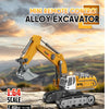 A yellow mini remote control alloy excavator model with working lights and sounds on a rocky terrain.