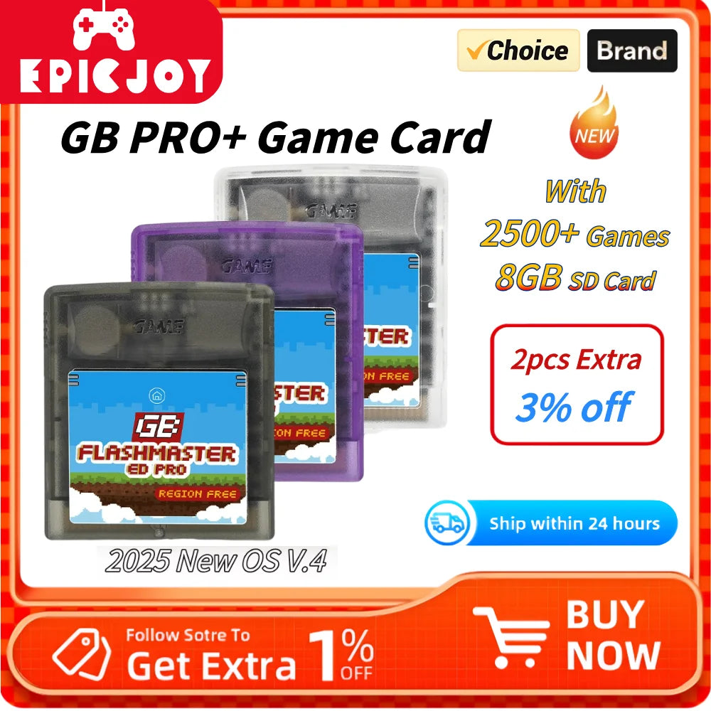 GB PRO+ Game Card featuring a FlashMaster cartridge and an 8GB SD card with extra games included