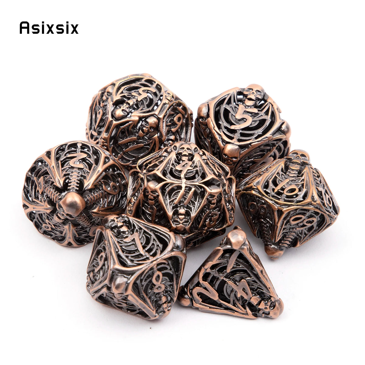 A set of coppery skull metal polyhedral dice for tabletop games