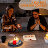 A couple playing a fun dice game for date night using wooden dice on a table.