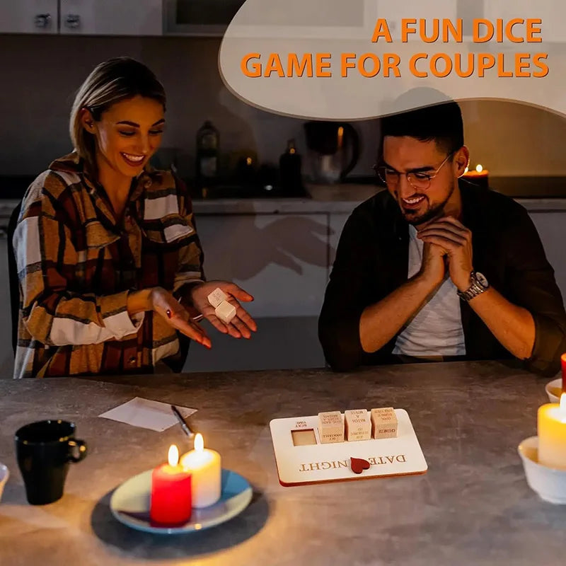 A couple playing a fun dice game for date night using wooden dice on a table.