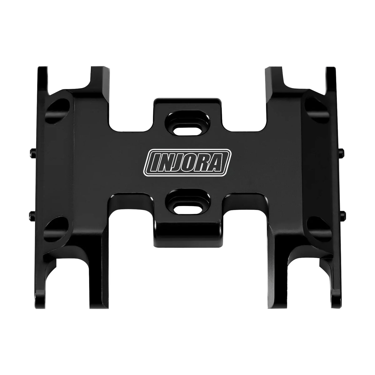 Black CNC aluminum skid plate for a 1/24 RC crawler.