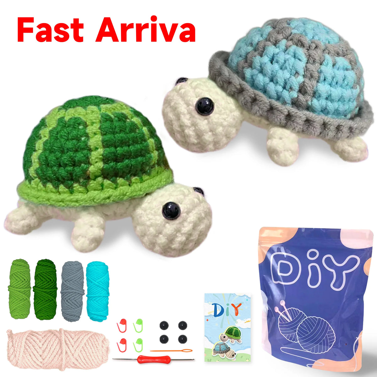 Kit de crochet avec une tortue et d'autres petits animaux, fil et outils pour fabriquer des amigurumis