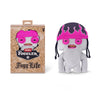 A plush toy of a funny ugly monster with human-like teeth wearing a pink and black hat.