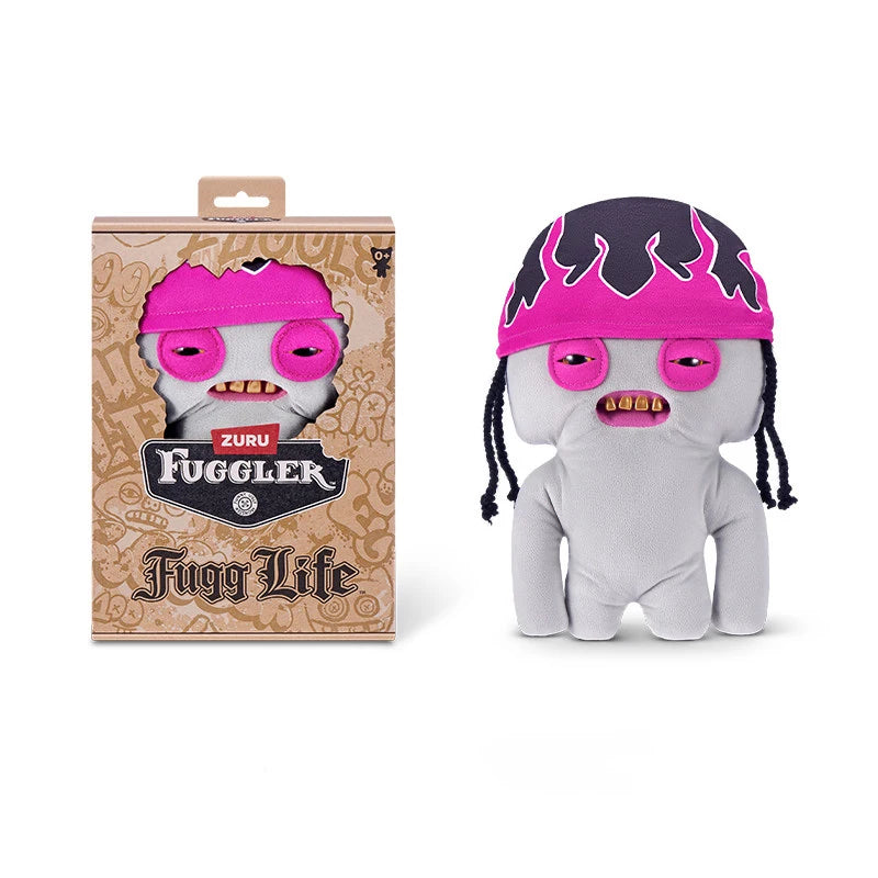A plush toy of a funny ugly monster with human-like teeth wearing a pink and black hat.