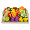 A wooden magnetic fruit and vegetable cutting play set featuring various colorful, shaped fruits and vegetables.