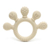 A beige silicone baby teether with multiple chew beads shaped like animals and a ring for soothing gum relief.