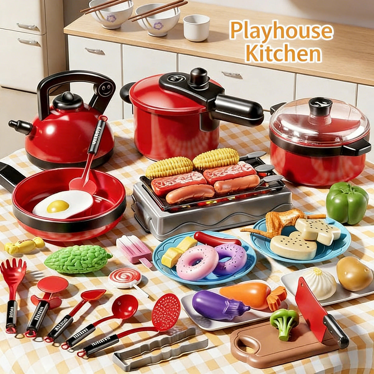 A colorful kids play kitchen cooking set featuring various pots, pans, and utensils on a wooden surface.