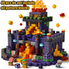 A set of magnetic building blocks depicting a castle structure made of purple and orange blocks.