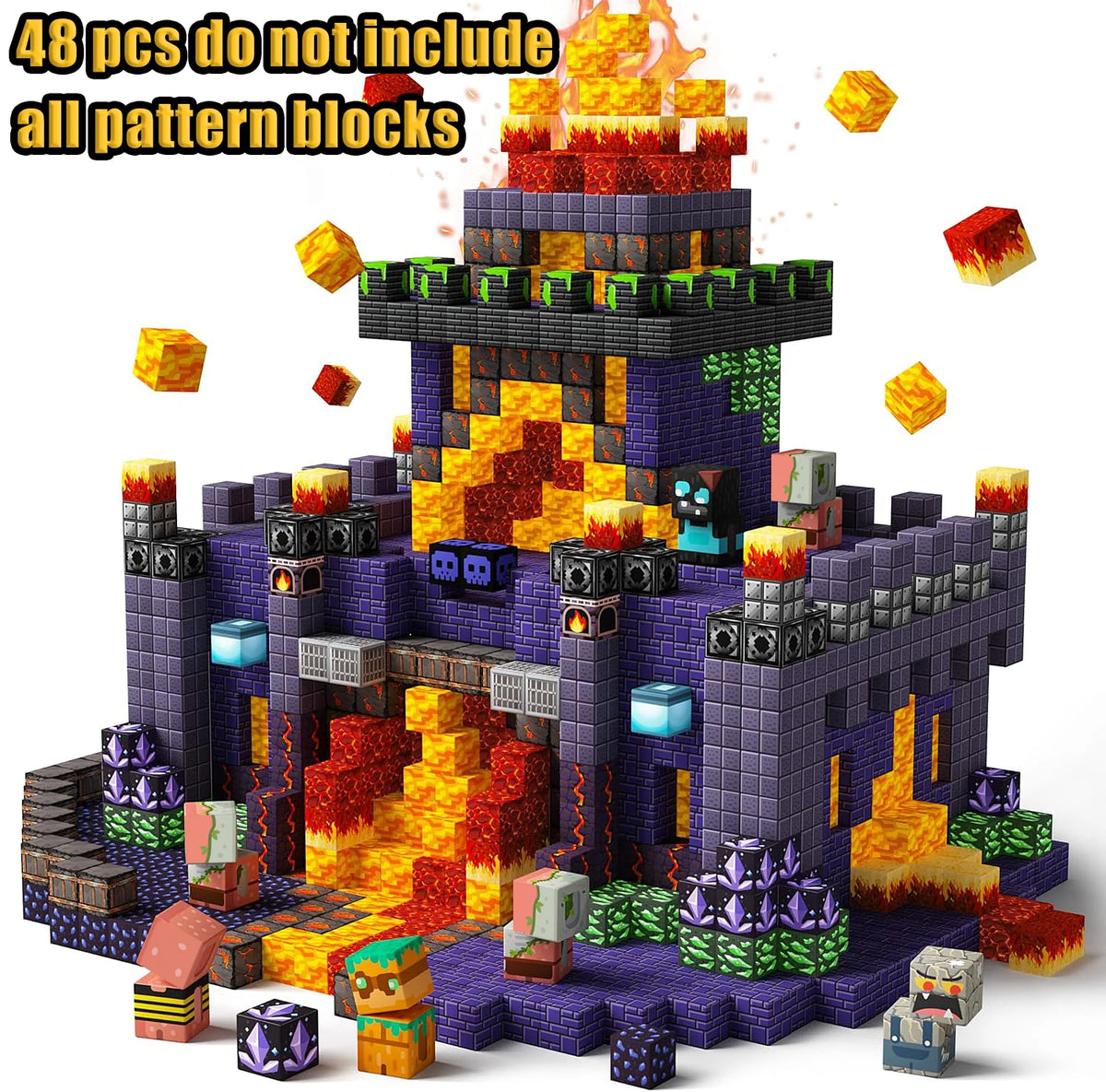 A set of magnetic building blocks depicting a castle structure made of purple and orange blocks.