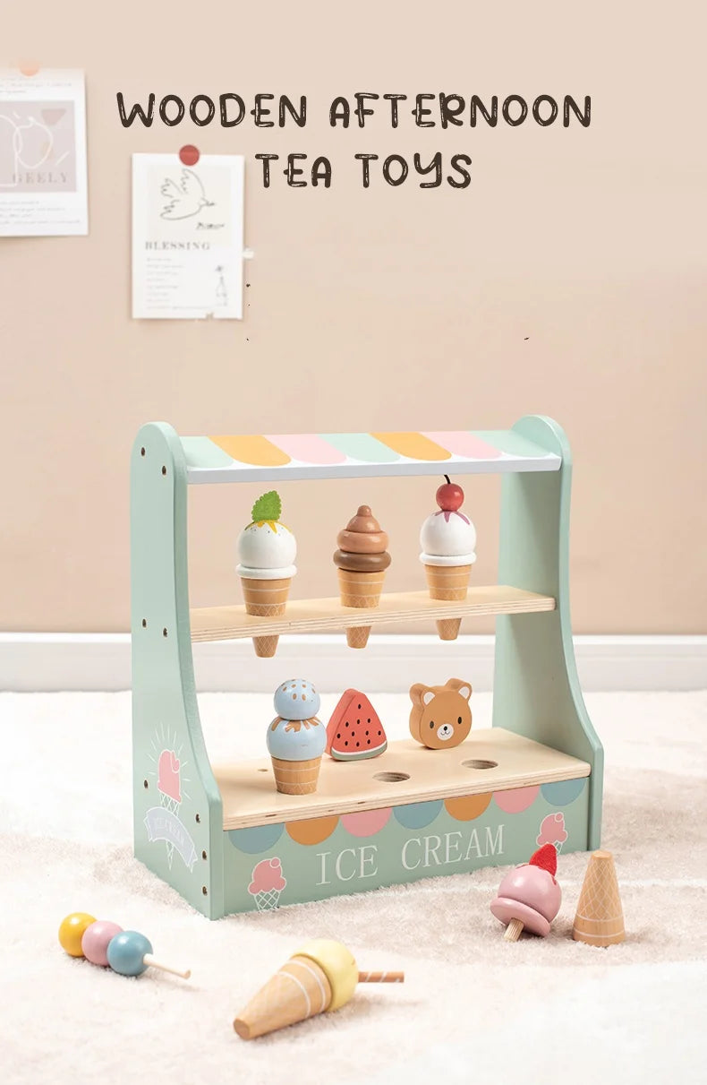 A wooden afternoon tea toy set featuring ice cream cones and related accessories for children.