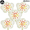 Five white foil balloon planes with orange swirl designs for birthday party decor