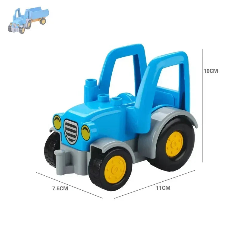 A blue city traffic vehicle building block set featuring a truck with a large blue scoop.