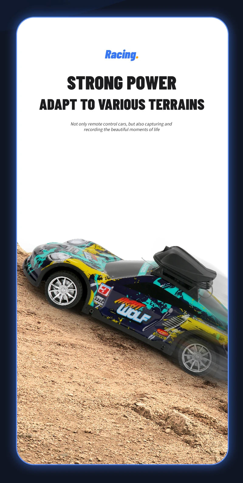 A blue and green remote control racing car is driving on a dirt track.