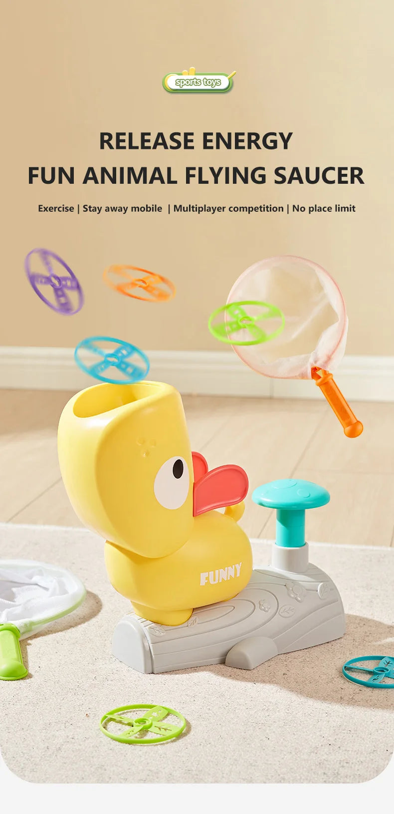 A yellow foot launcher toy for flying a saucer with catching nets and discs.