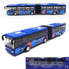 A blue diecast model of a city bus with various route signs and features.