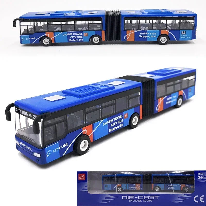 A blue diecast model of a city bus with various route signs and features.