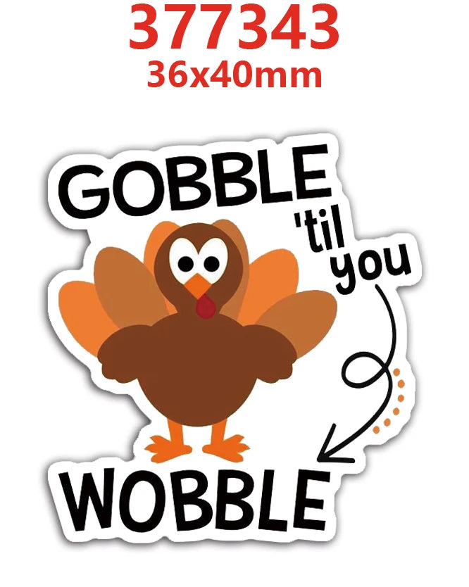 A sticker featuring a cartoon owl with brown and orange feathers and a red beak, with the text GOBBLE and WOBBLE.