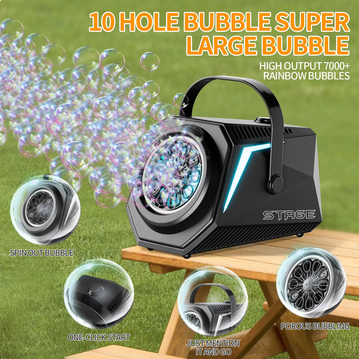 A black rechargeable bubble machine is shown with various bubble types like spin out and porous bubbling on a wooden surface.