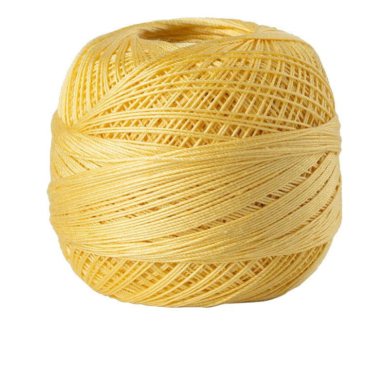 A ball of bright yellow 100% cotton crochet thread for tatting and embroidery.
