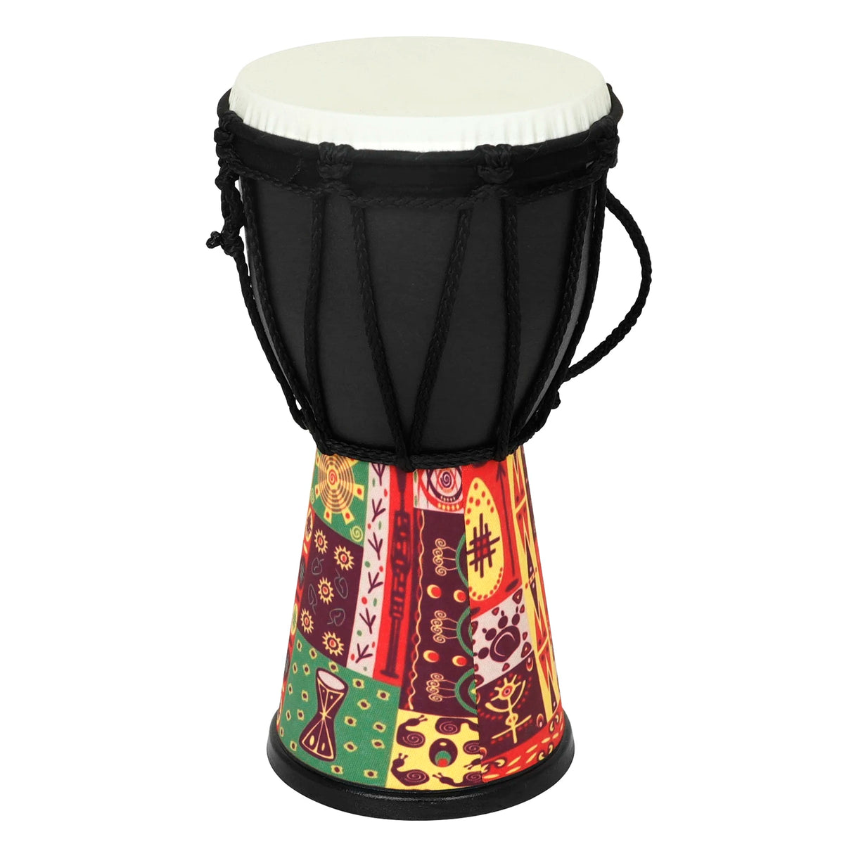 A 4-inch colorful hand drum for kids with a black body and a decorated wooden base.