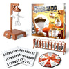 A set of cowboy magnetic hangman board game pieces including a wooden stand, a figure, and a wooden board.