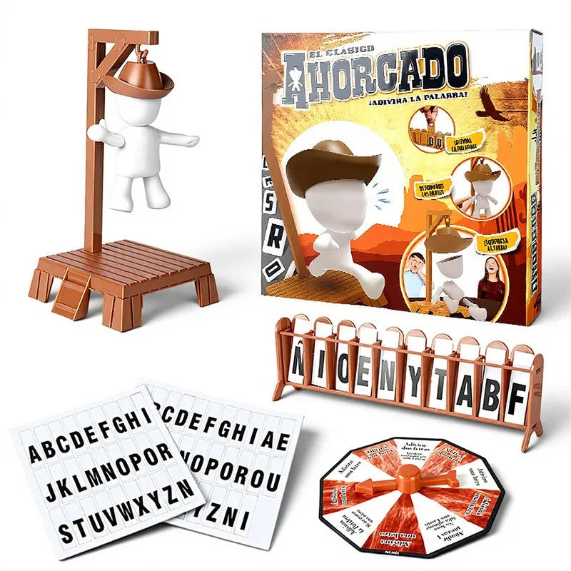 A set of cowboy magnetic hangman board game pieces including a wooden stand, a figure, and a wooden board.