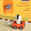 An orange animal car toy with precision gears is shown on a track, demonstrating its glide function.