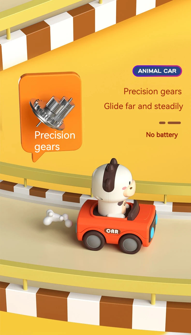 An orange animal car toy with precision gears is shown on a track, demonstrating its glide function.