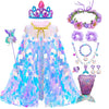 A purple and blue mermaid fantasy dress with a crown and ruffled fishtail skirt.