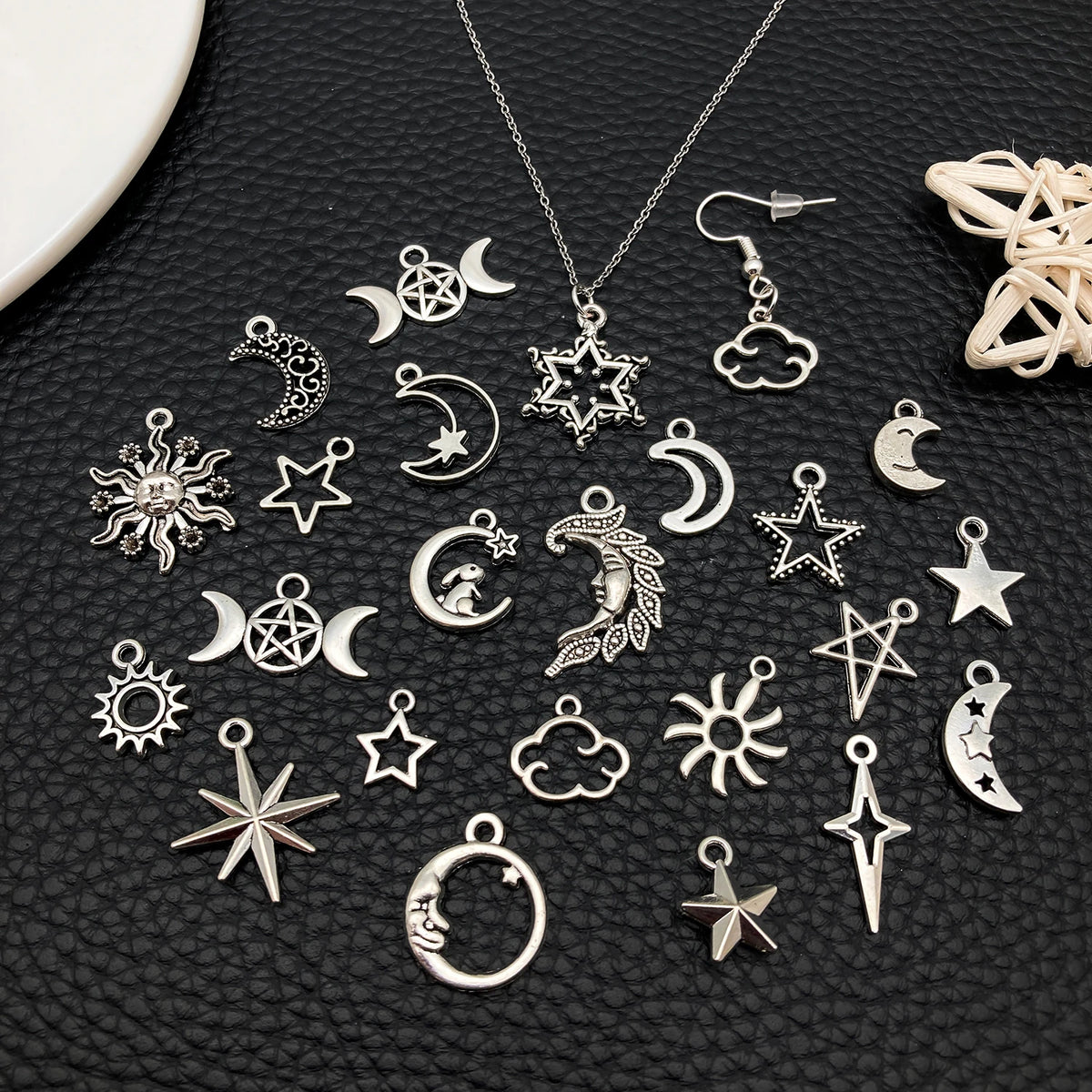 Celestial Charm Assortment – Vintage Silver Stars, Moons & Suns for Jewelry Making