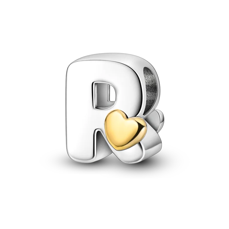 A personalized sterling silver letter R charm with a heart accent, set against a black background.