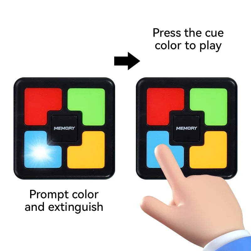 A hand presses a colored square on a light-up memory game board to play, with other squares prompting color and extinguishing