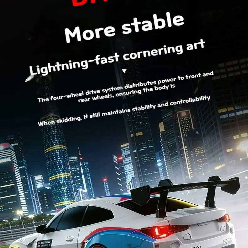 A white 4WD RC drift car with LED lights is shown in a nighttime city setting.