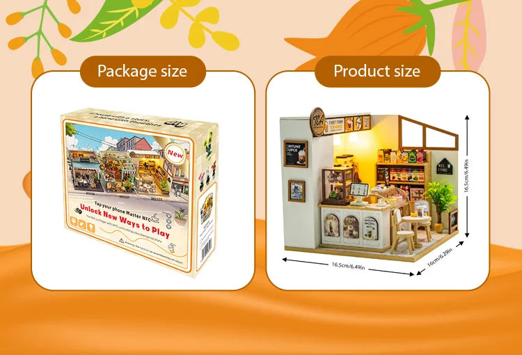 Comparison of package size and product size for a Coffee Shop Miniature House DIY Wooden Dollhouse Kit